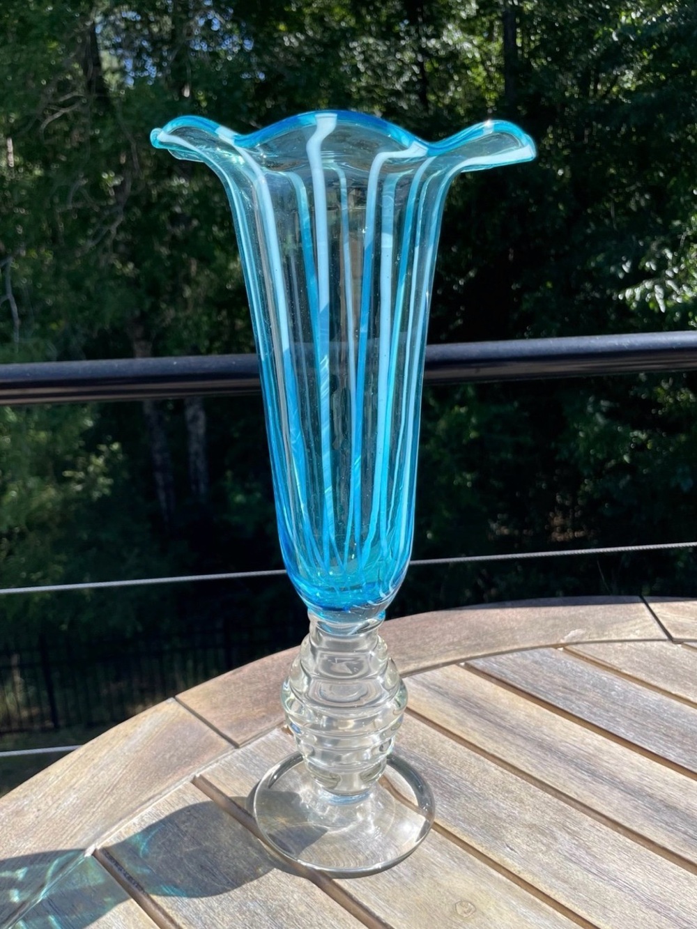 Vintage Art Glass Trumpet Vase Aqua Blue White Optic Ribbed Ruffled Footed